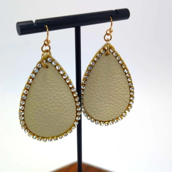 Lavish Realm Jewelry - Faux Leather & Rhinestone Teardrop Earrings